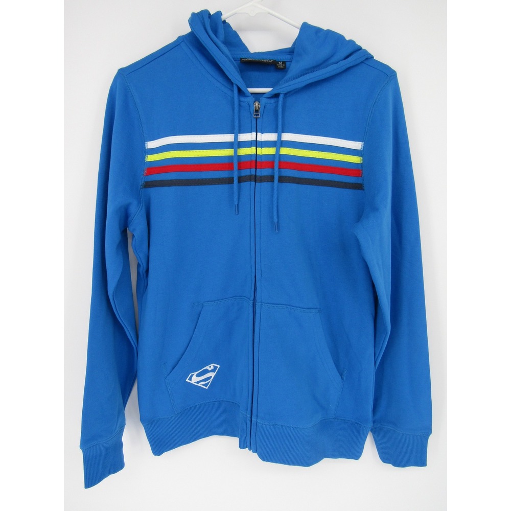 Warner Bros Superman Zip Up Hoodie Mens Medium Blue Graphic Striped DC Comics